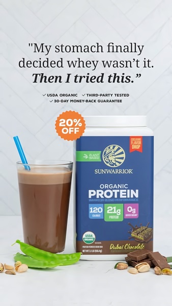This creative uses a direct, relief-based testimonial hook followed by clear product benefits to capture attention for organic protein powder.